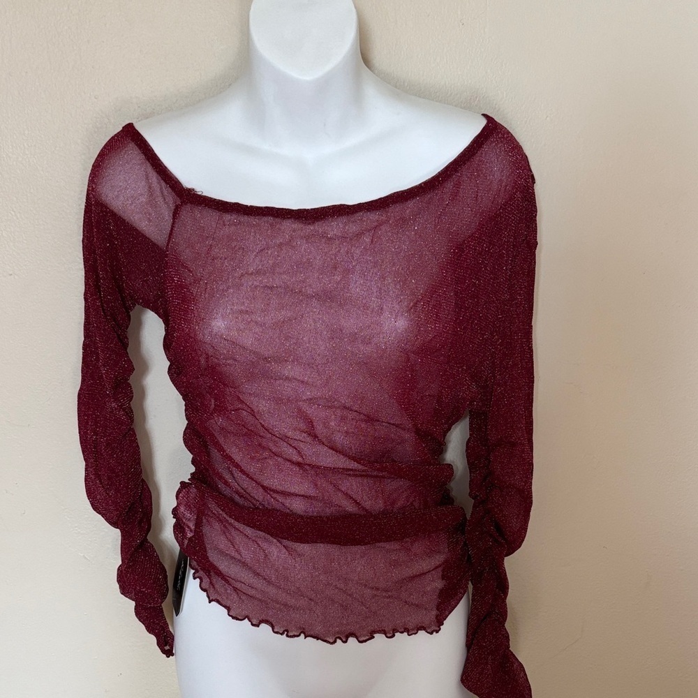 Elegant Burgundy Sheer Women's Blouse